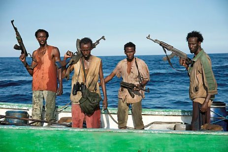This film image released by Sony - Columbia Pictures shows, from left, Faysal Ahmed, Barkhad Abdi, Barkhad Abdirahman, and Mahat Ali in "Captain Phillips." (AP Photo/Sony - Columbia Pictures, Jasin Boland)